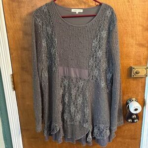 Indigo Soul Dark Grey Tunic Size XL Crochet Sparkle Lace Floral